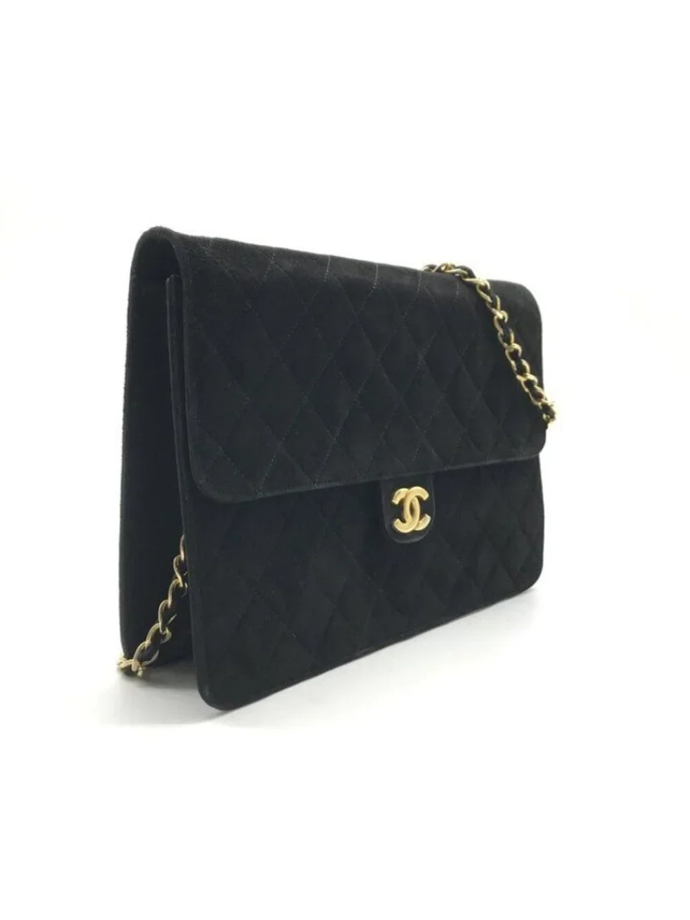 Chanel CC Logo Quilted Suede Chain Shoulder Bag Black Push Lock
